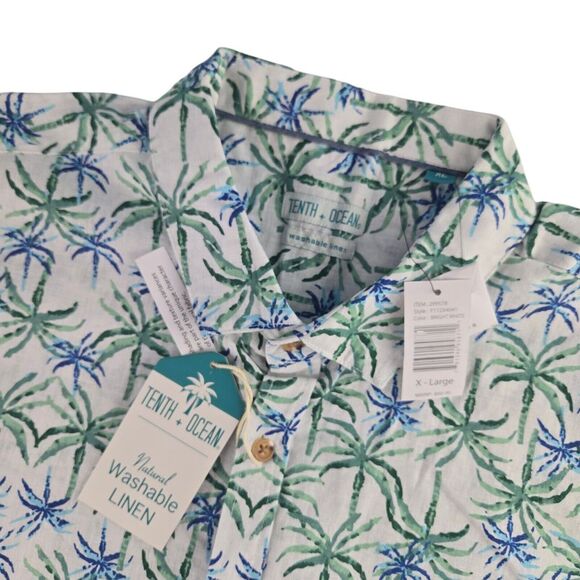 Tenth +‎ Ocean F112X4041 Mens XL White Palm Tree S/S Washable Linen Shirt - Picture 1 of 6